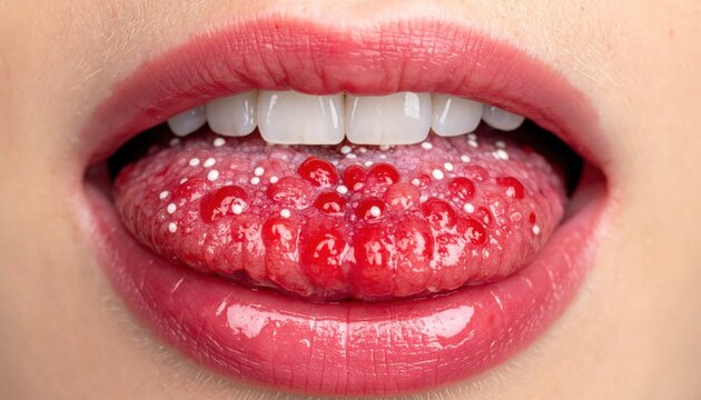 Detailed macro view of human tongue surface with prominent taste buds and surrounding lips and teeth