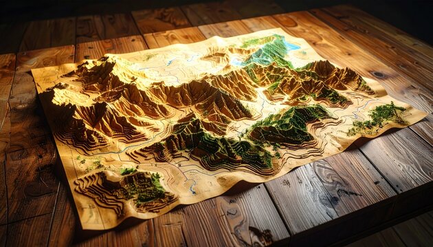 Detailed Wooden Topographical Map Displaying Mountainous Terrain with Rivers and Forests on a Rustic Table Surface