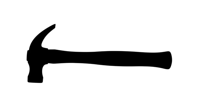 A black silhouette of a hammer on a white background