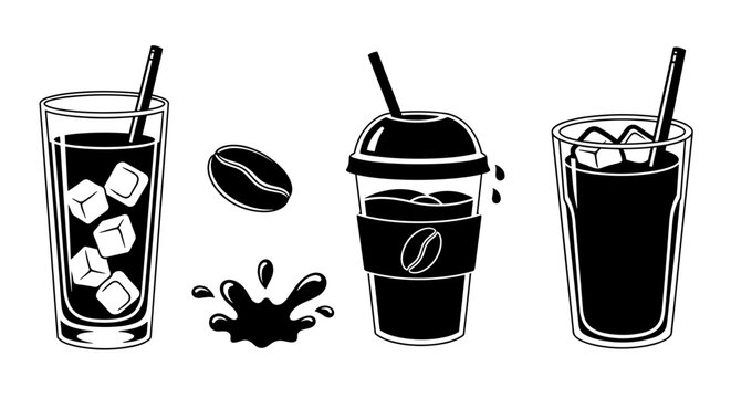 A minimalist vector graphic illustration of cold coffee drinks and ice cubes