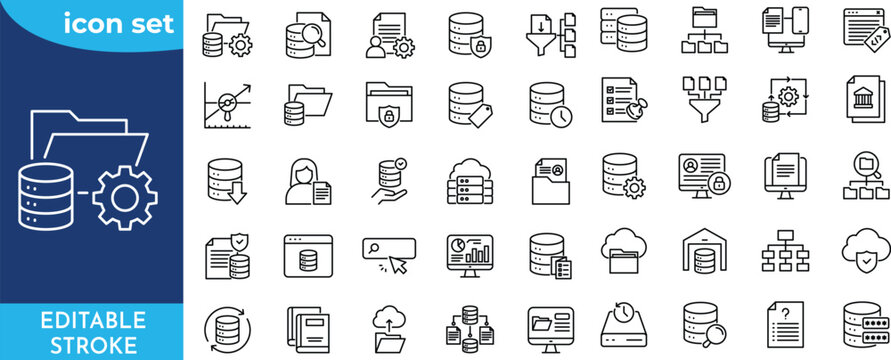 Minimalist Data Catalog outine icons set with editable stroke. thin linear illustration. Editable stroke.