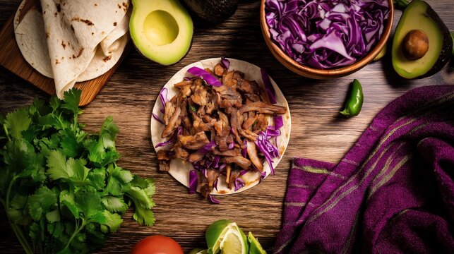 carnitas. Overhead view of Mexican taco ingredients arranged beautifully on a rustic surface. menu design, packaging mockups, designed for food delivery and cloud-kitchen brand materials.