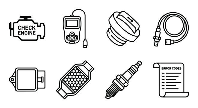 Automotive diagnostic tools and car engine parts icons for vehicle repair and maintenance