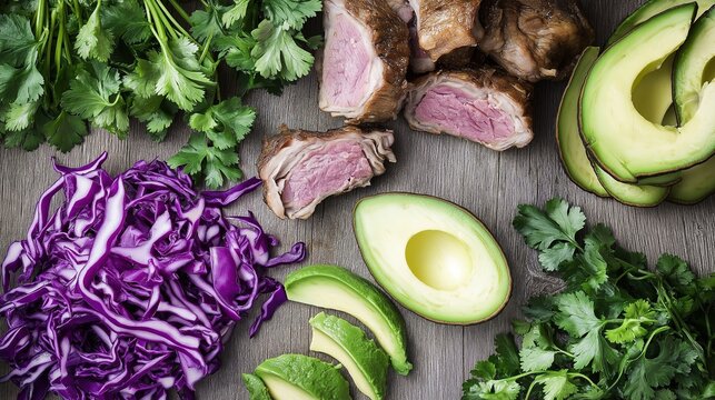 carnitas. Overhead view of Mexican taco ingredients arranged beautifully on a rustic surface. menu design, packaging mockups, designed for food delivery and cloud-kitchen brand materials.