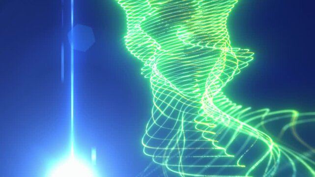 Futuristic green glowing wave lines with bright flare on a dark background