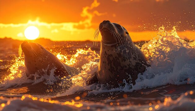 Two seals playing in ocean waves at sunset