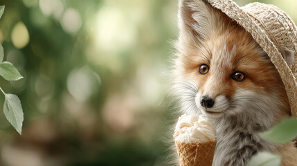 Fototapeta premium Red fox cartoon character wearing sunglasses and a hat, happily enjoying a refreshing ice cream cone, symbolizing summer joy, sweet treats, and cool relaxation