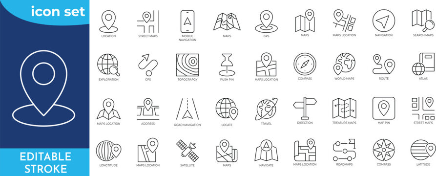 Maps icon set. Editable stroke. Containing maps, location, GPS, navigation, city map, atlas, route, direction, pin and more. Outline Icon Collection.