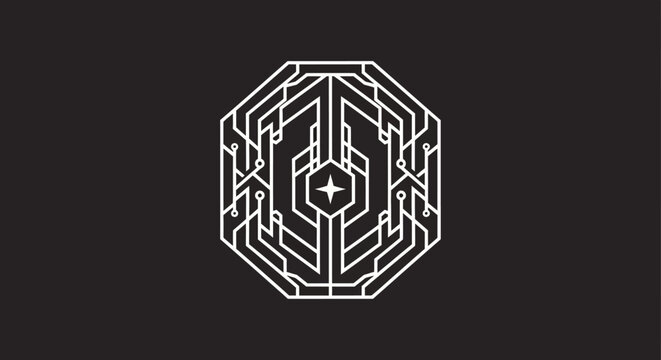 Futuristic geometric circuit logo on dark background