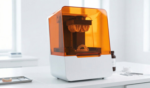Modern Dental 3D Printer Producing Resin Tooth Models in a Professional Laboratory