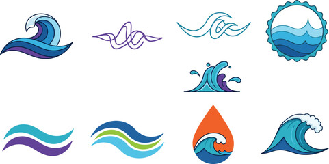 Naklejka premium Ocean wave icons set with water splash sea logo abstract aquatic elements and fluid motion design collection