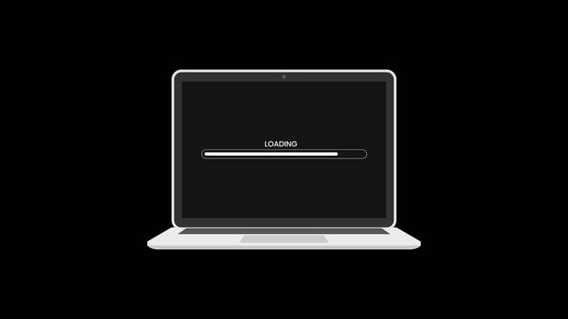 Animated laptop computer mockup with loading progress bar and blinking text on transparent background