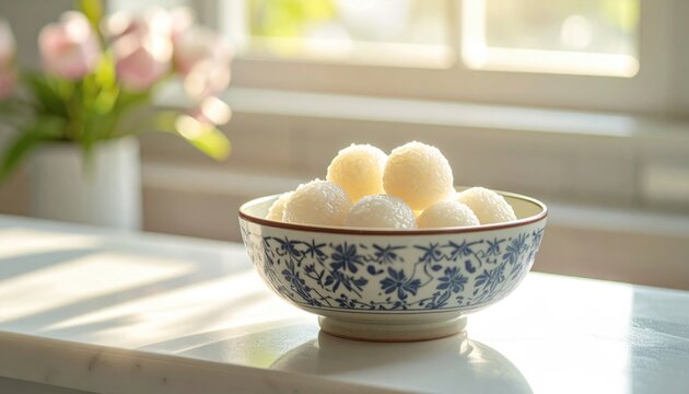 Glistening Rasgulla Dessert in a Blue Floral Bowl Bathed in Soft Sunlight