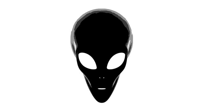 A minimalist black alien head icon with glowing eyes on a white background