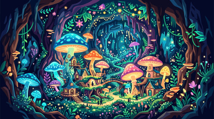 Fototapeta premium Enchanting vector illustration of a magical mushroom village in a dark, glowing fantasy forest. Ideal for game backgrounds, children's books, and whimsical designs.