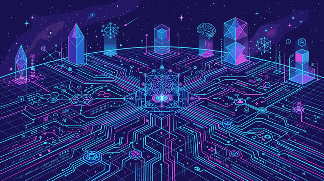 Abstract vector art of AI brain and digital circuits on a global network in cosmic space. Represents future tech, data, and interconnected innovation.