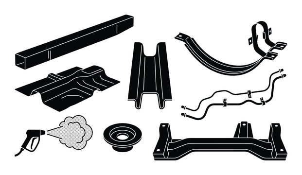 Automotive underbody components collection isolated on grey checkered background