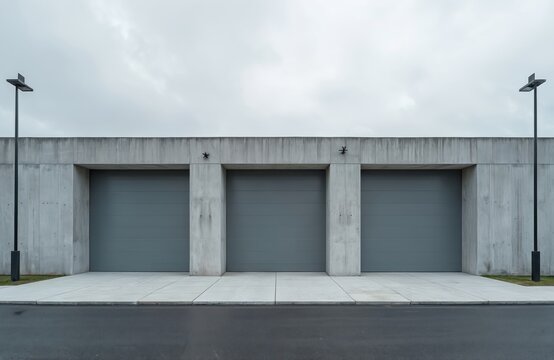 Minimalist concrete building with three grey garage doors and modern streetlights. Exterior view of simple industrial facade under cloudy sky. Clean urban architecture with blank panels and pavement.