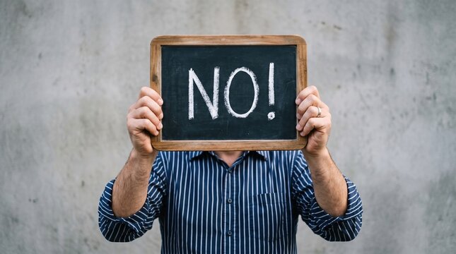 Person holding small blackboard with word no handwritten in chalk representing negative response or refusal, negation