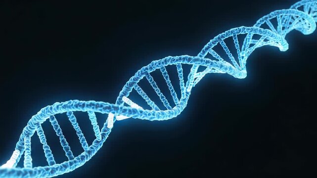 Double helix DNA structure glowing blue in a dark void, symbolizing genetic material, biology, and advanced life science research.