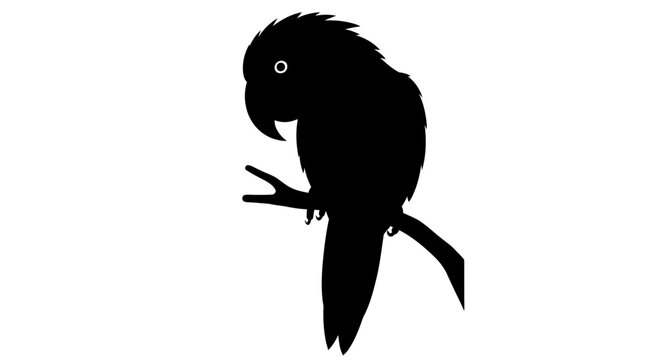 A minimalist black silhouette of a parrot perched on a branch against a white background