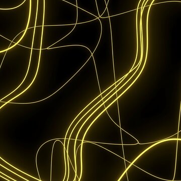 Abstract, luminous yellow lines swirl and intertwine on a stark black background
