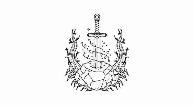 Sword plunged into rock, with magical wisps and twisted branches