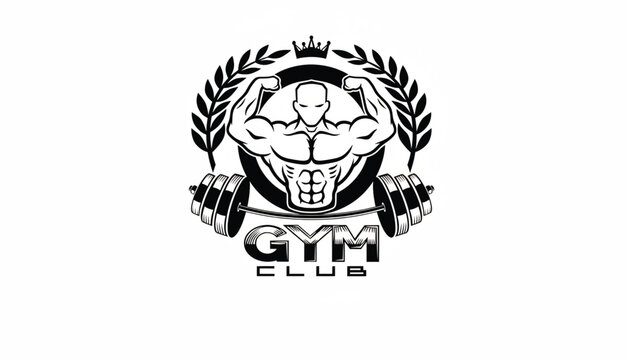 Gym elite bodybuilding emblem with muscular arm flex, laurel wreath, barbell icon, and GTM club text badge