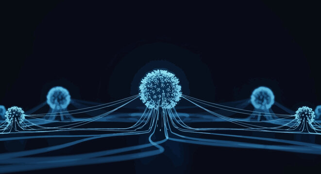 Virus particles with connecting fibers.