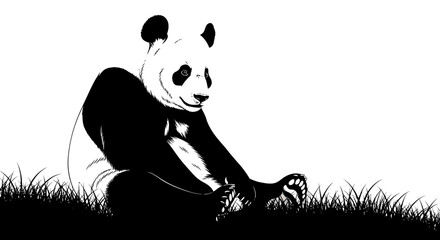 A black and white vector illustration of a panda bear sitting in grass © Digital