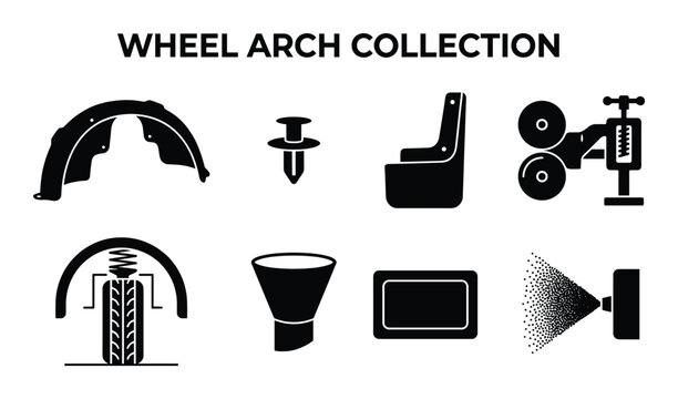 Automotive wheel arch vector collection with fender liner and accessories