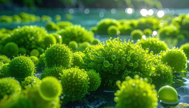 Vibrant Green Volvox Colonies Spherical Algae Microscopic Aquatic Organisms in Natural Water