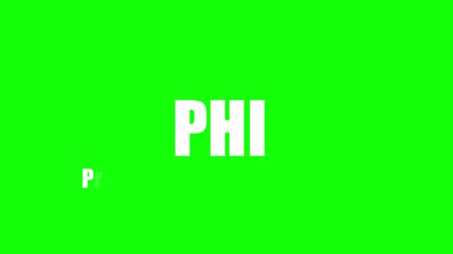 PHI text animation on green screen, white bold typography motion graphic, kinetic text reveal for video editing and post-production