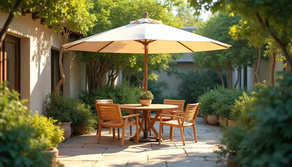 Obraz premium Wooden table, chairs set under large umbrella on stone patio surrounded by lush green garden. Peaceful outdoor dining area provides shade, relaxation on sunny day. Perfect setting for alfresco meal.
