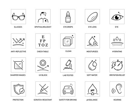 Optical and eyes icons set. Suitable for products for eyes, eyeglasses, lens, and other optical devices. The outline icons are well scalable and editable. EPS10.