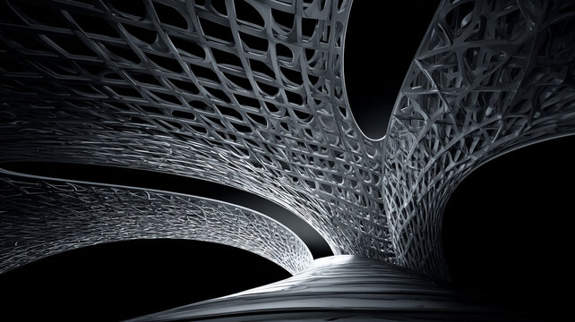 black and white abstract parametric architecture structure with flowing geometric lattice patterns, futuristic building desig