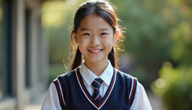 Smiling Asian girl wears private school uniform. Young student enjoys sunny day outdoors. Portrait shows cheerful face, bright smile. She looks happy confident ready for learning adventure.