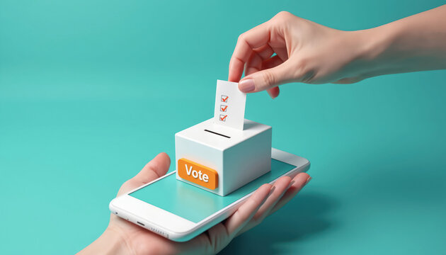 Hand places ballot paper into voting box on smartphone. Digital election concept. Online voting participation on mobile device. Citizen votes using app.