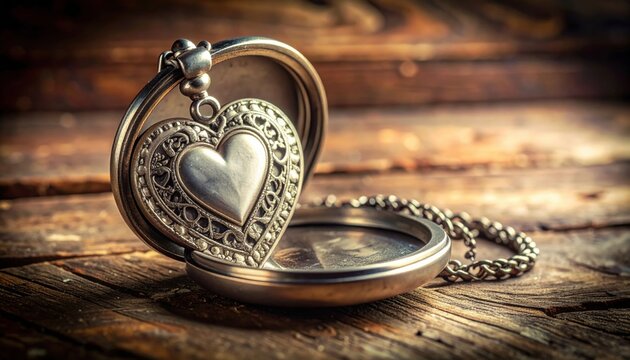 Intricate Silver Heart Locket with Chain Resting on Wooden Surface