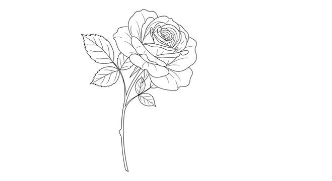 Detailed black and white line art illustration of a single blooming rose with leaves and stem isolated on a plain white background for design.