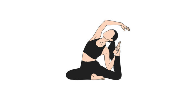 Young woman in black activewear performing yoga King Pigeon Pose (Eka Pada Rajakapotasana) on white background