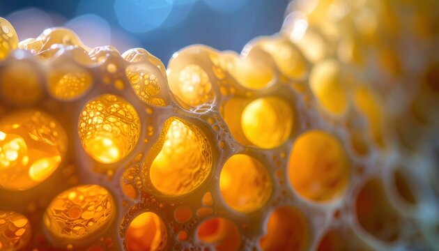 Microscopic view of biocompatible cellular structures with golden light and bokeh background
