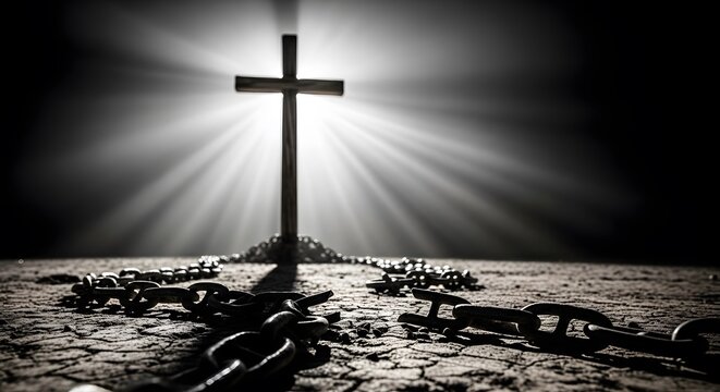 Glowing cross of light standing tall behind broken chains on a dark background. This evocative image represents the concept of spiritual awakening, breaking free, and finding peace in faith