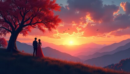 Obraz premium Couple looks at colorful mountain sunset. Man in suit woman in dress stand under red leaf tree. Romantic evening on grass hill. Birds fly in sky.