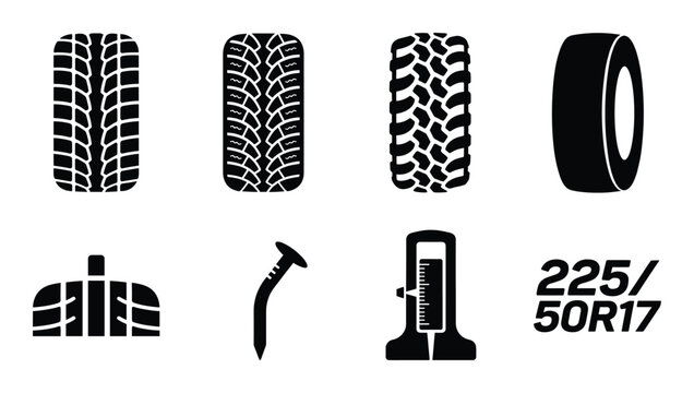 Black car tire tread patterns and pressure gauge icons set isolated on transparent background vector