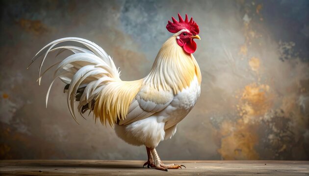 Majestic heritage breed rooster with striking red comb and abundant white tail feathers standing proudly on wooden surface