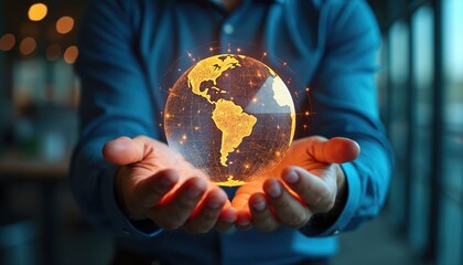 Fototapeta premium Man holds glowing digital globe in hands. Futuristic world map hologram shows connections across continents. Tech innovation concept for global business strategy.