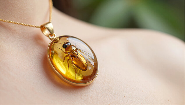Macro Detail of Golden Amber Resin Pendant with Fossilized Insect Inclusion