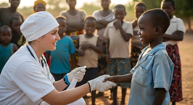 Compassionate medical professional providing care to a young child in a displacement camp. Illustrating healthcare access, humanitarian support, and solidarity on World Refugee Day celebration