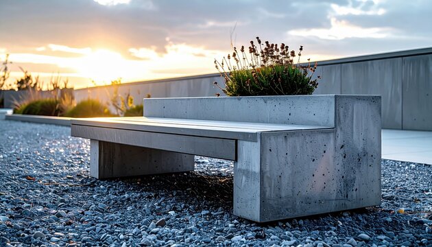 Modern minimalist concrete bench with integrated planter set in outdoor gravel area at sunset